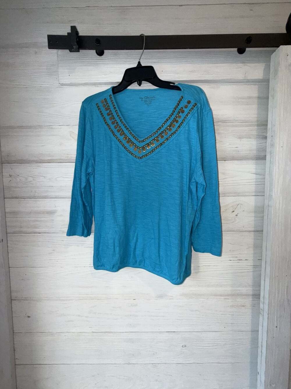 by Chico's Blue Beaded V-Neck 3/4 Sleeve Top Size 2